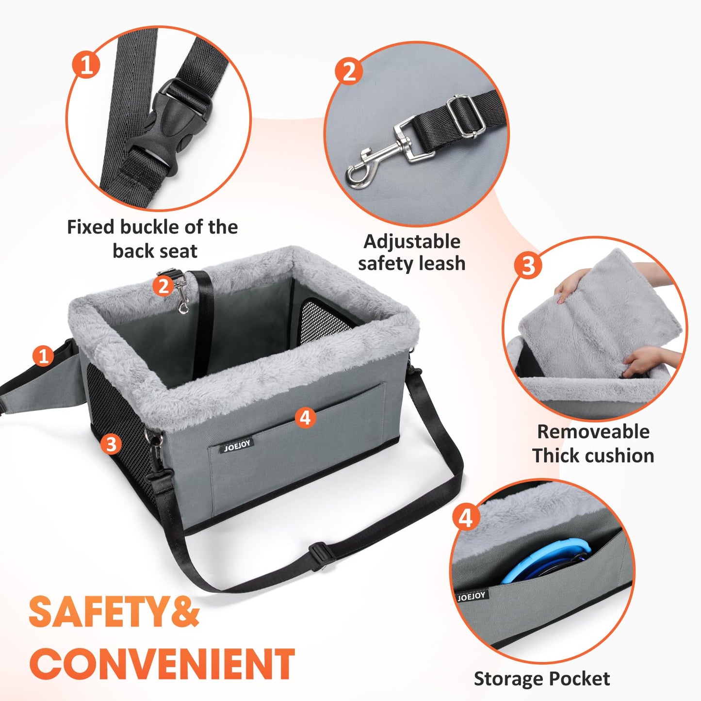 JOEJOY Puppy Car Seat with Cushion & Storage Pockets