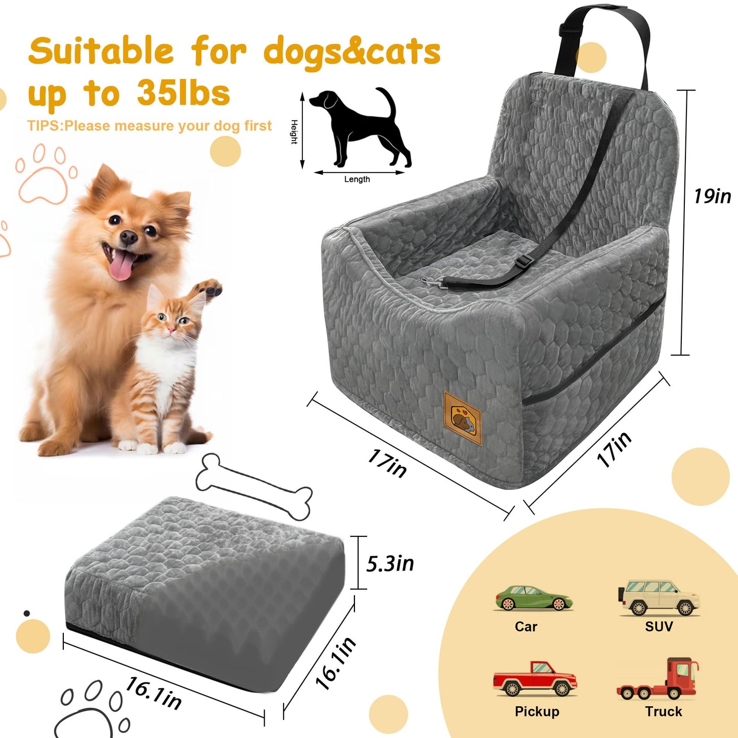 Dog Booster Seat with Storage Pockets – Gray
